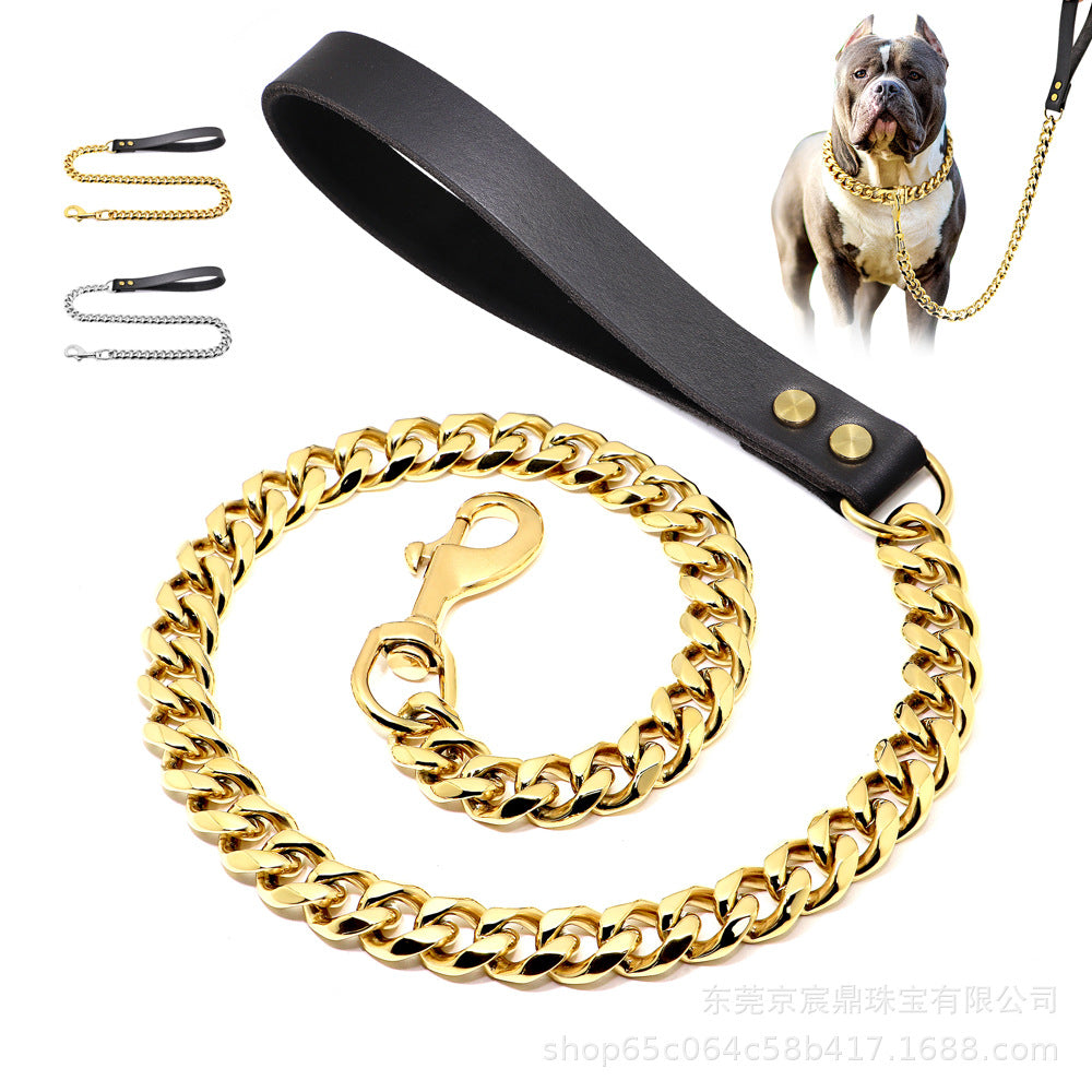 19MM Six-sided Grinding Stainless Steel Gold Traction Dog Chain Collar Collar Dog Leash Medium And Large Dog Leash